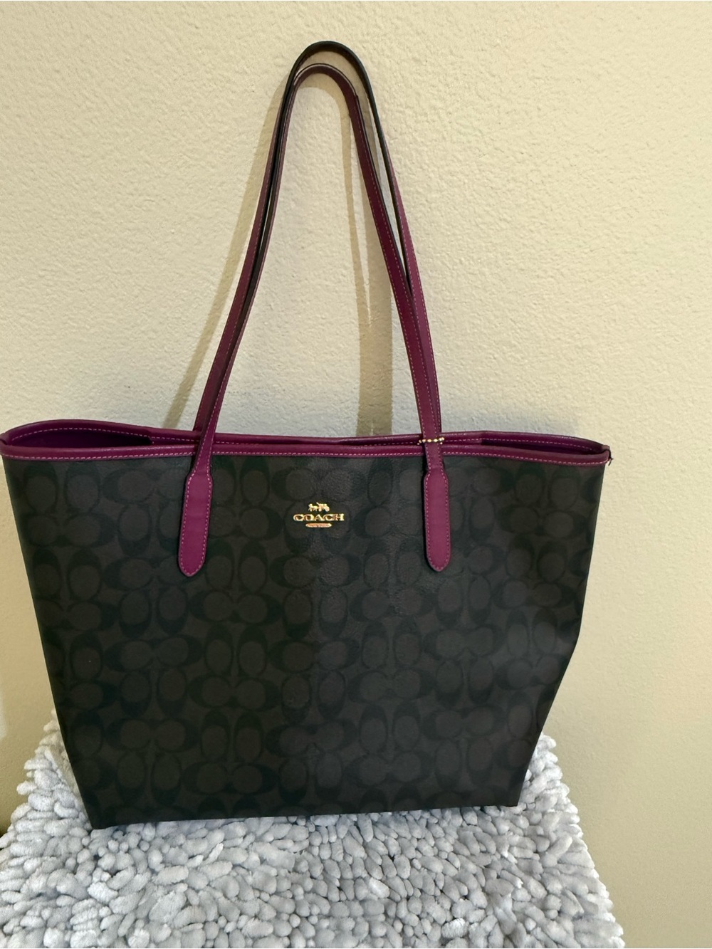 Coach Black Signature Tote with Plum Trim